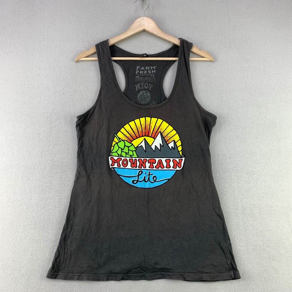 Farm Fresh Mountain Lite Tank Top Women Medium Gray Graphic Organic Cotton Beer